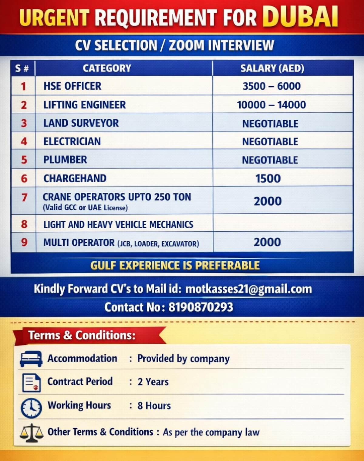 URGENT REQUIREMENT FOR DUBAI