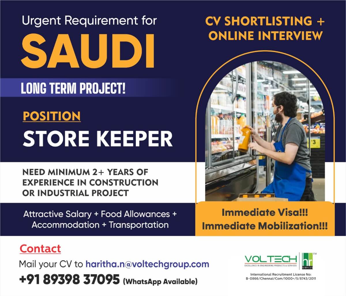 Immediate opening for Store Keeper  @ Saudi(construction/industrial experience preferred)