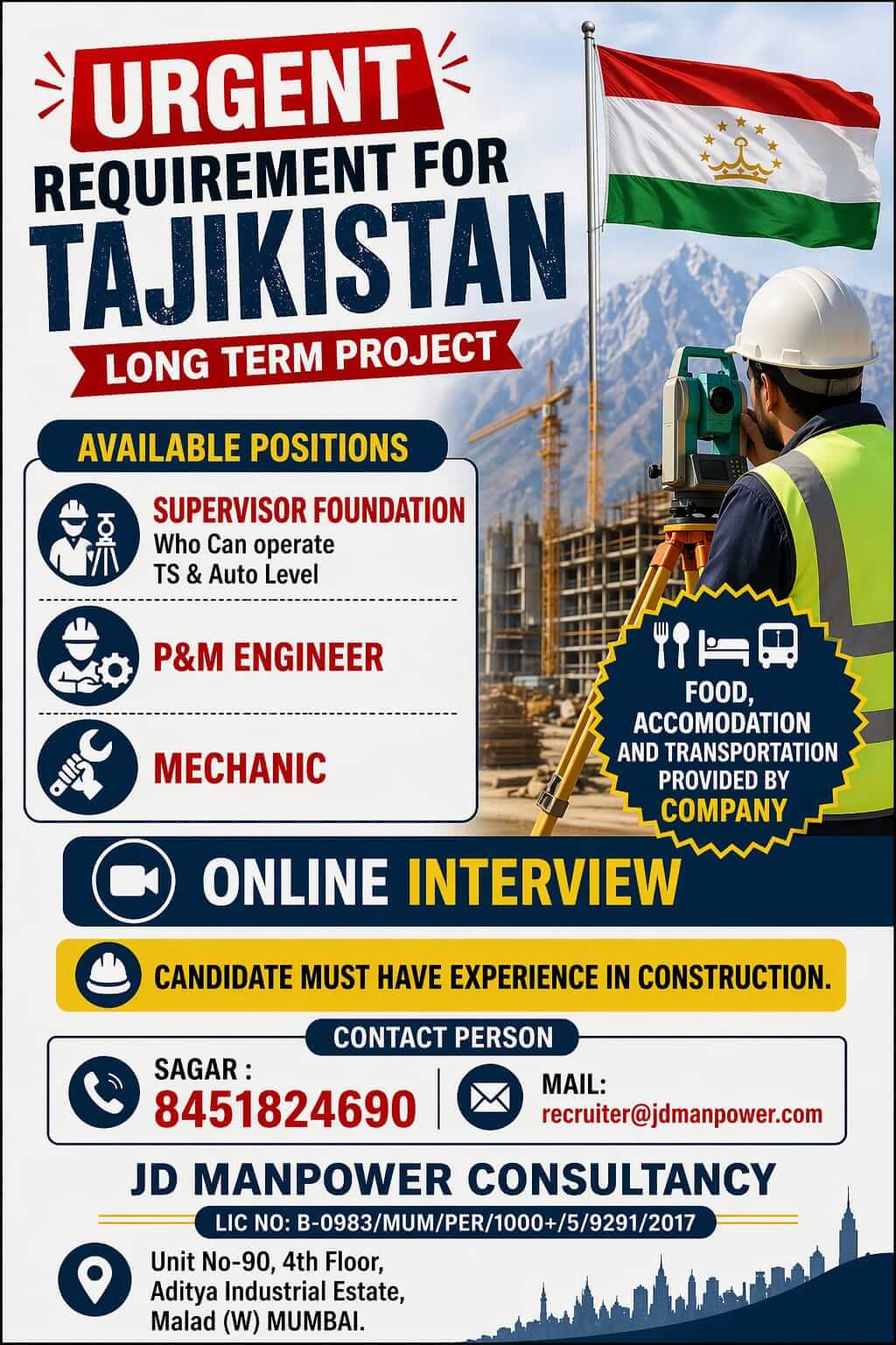 URGENT REQUIREMENT FOR TAJIKISTAN LONG TERM PROJECT