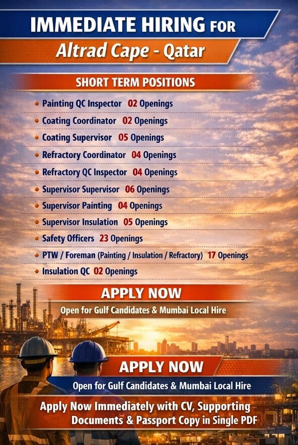 Hiring Now Urgently For Reputed Oil & Gas Company in Qatar for Short Term & Long Term Job Opportunities