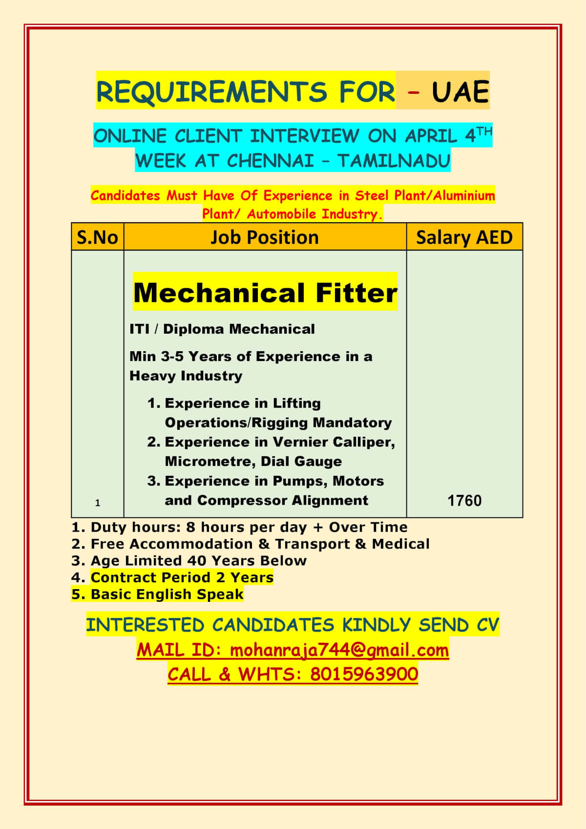 REQUIREMENTS FOR – UAE  ONLINE CLIENT INTERVIEW ON APRIL 4TH WEEK AT CHENNAI – TAMILNADU