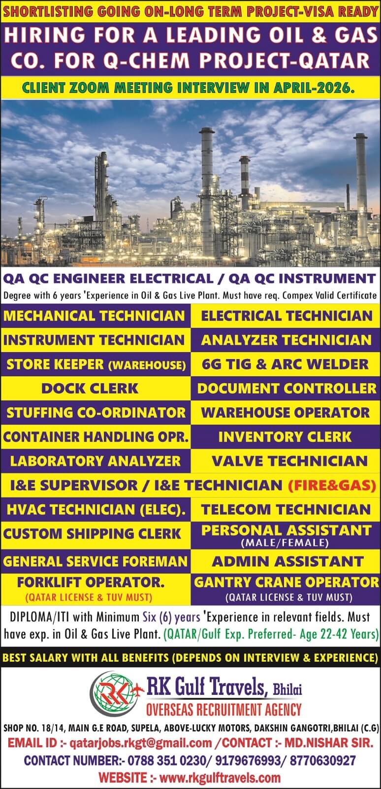 HIRING FOR A LEADING OIL & GAS COMPANY FOR THEIR  Q-CHEM PROJECT - QATAR
