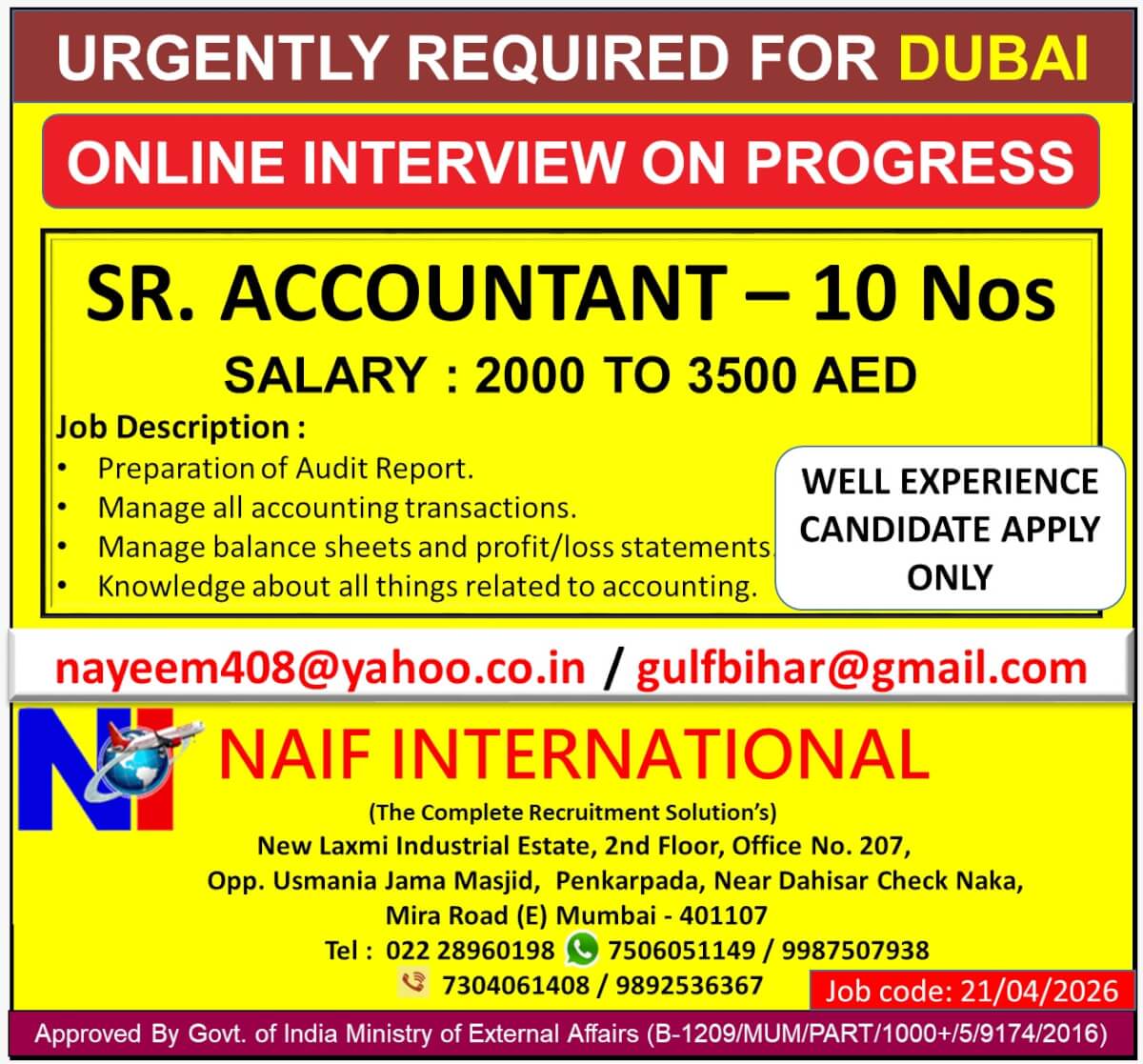 URGENTLY REQUIRED FOR DUBAI
