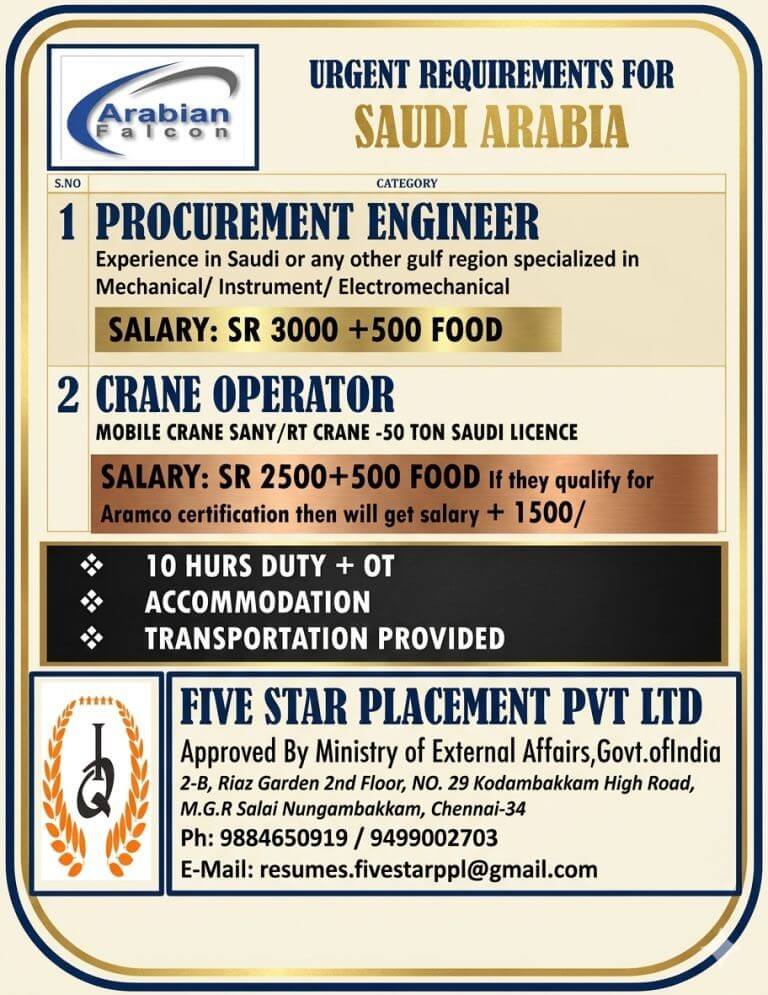 URGENT REQUIREMENT FOR SAUDI ARABIA