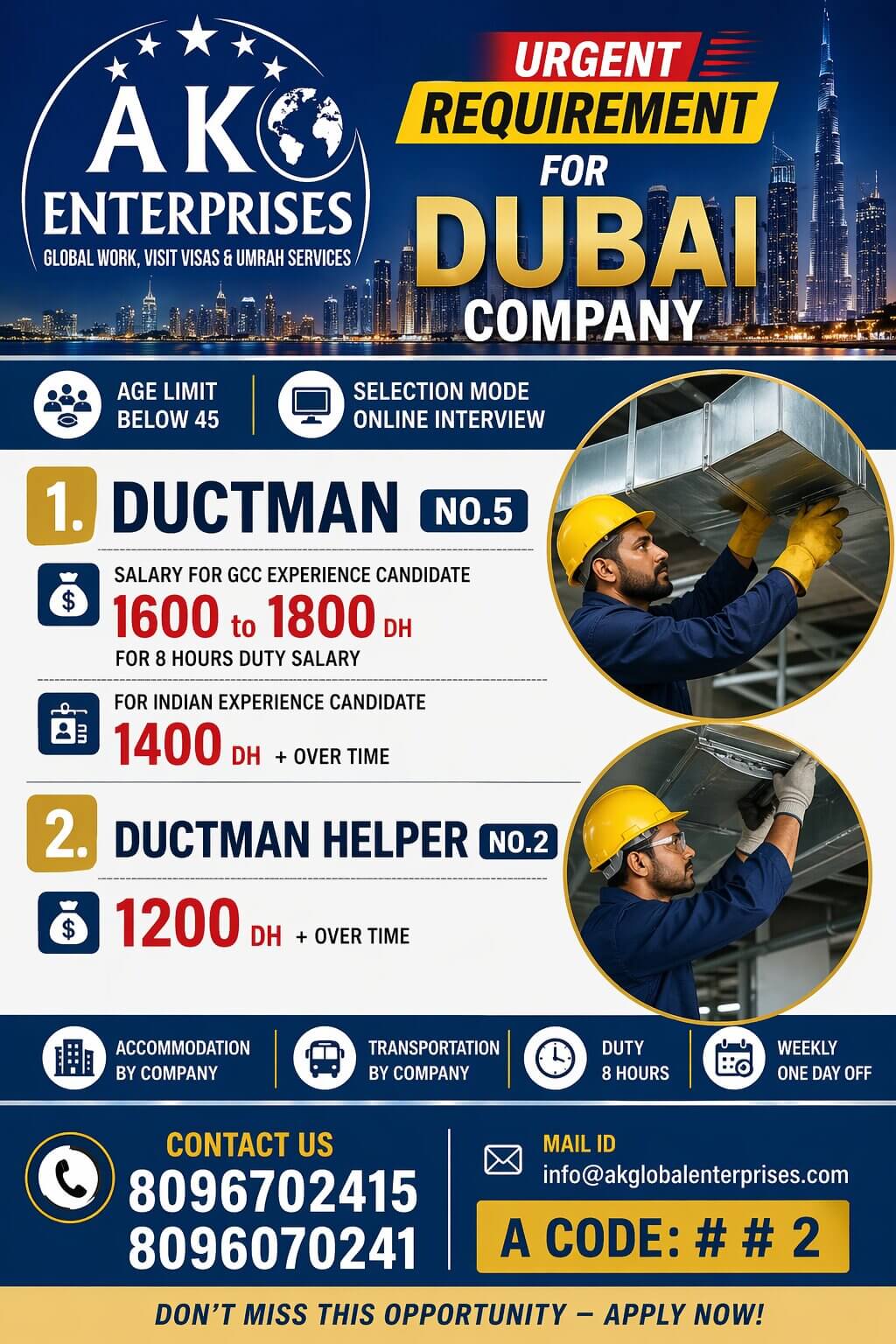 Urgent requirement for Dubai company Ductman
