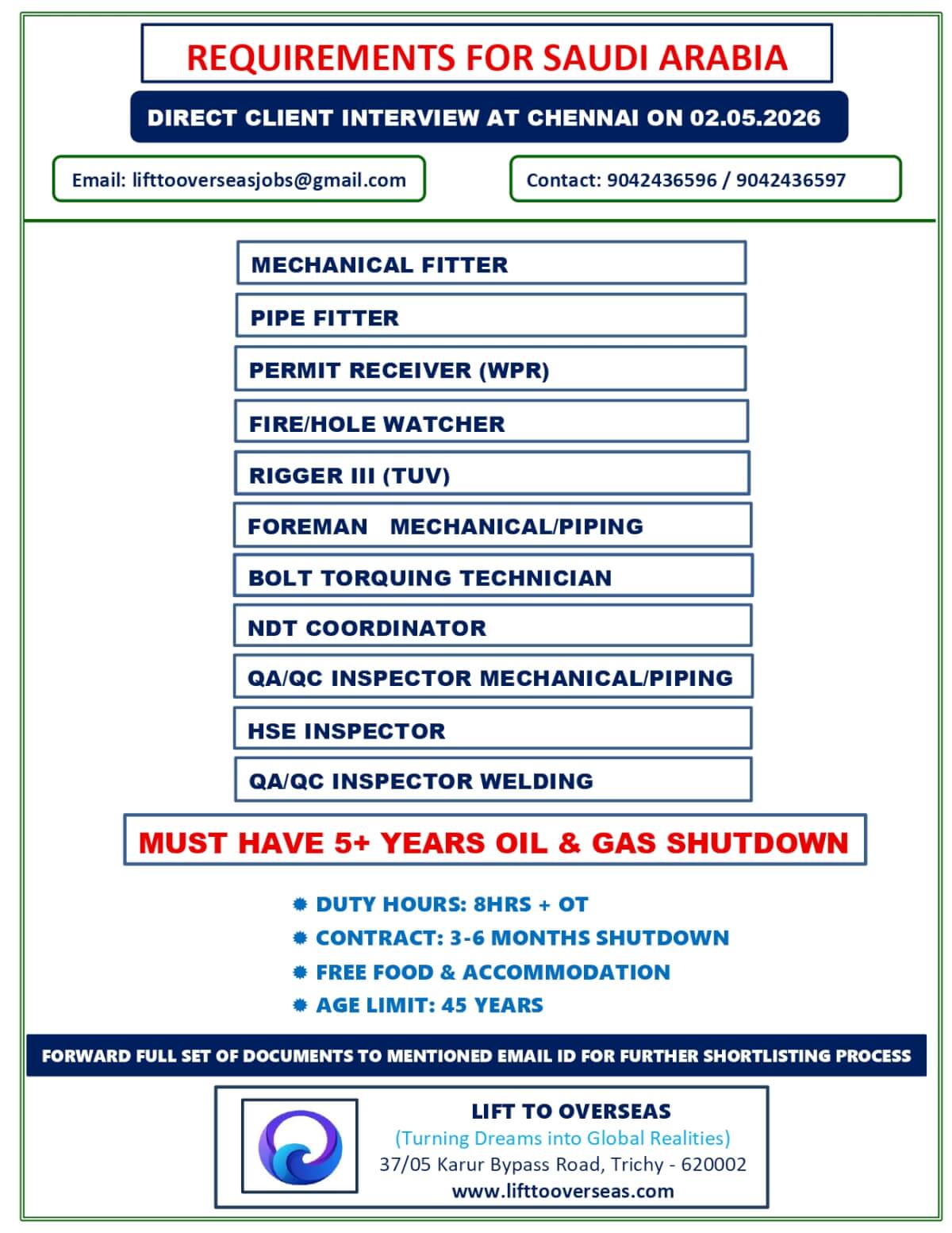 MECHANICAL FITTER, PIPE FITTER,PERMIT RECEIVER (WPR), FIRE/HOLE WATCHER, RIGGER III (TUV), FOREMANS - (MECHANICAL / PIPING), BOLT TORQUING TECHNICIAN, NDT COORDINATOR, QA/QC INSPECTOR (MECHANICAL / PIPING), HSE INSPECTOR, QA/QC INSPECTOR WELDING.