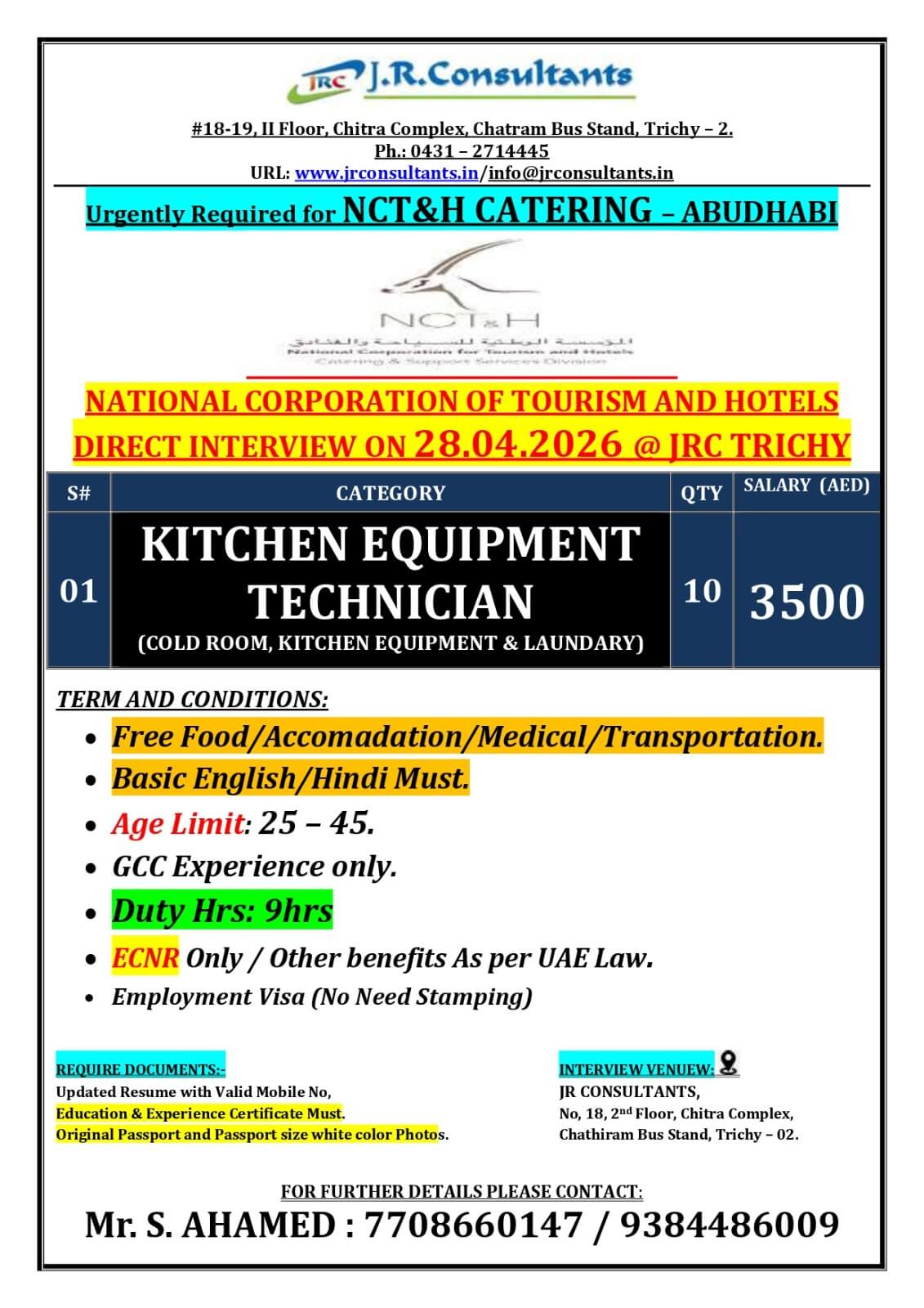 URGENTLY REQUIRED FOR A LEADING NCT & H CATERING COMPANY IN ABU DHABI DIRECT CLIENT INTERVIEW ON 28.04.2026 @ JRC TRICHY