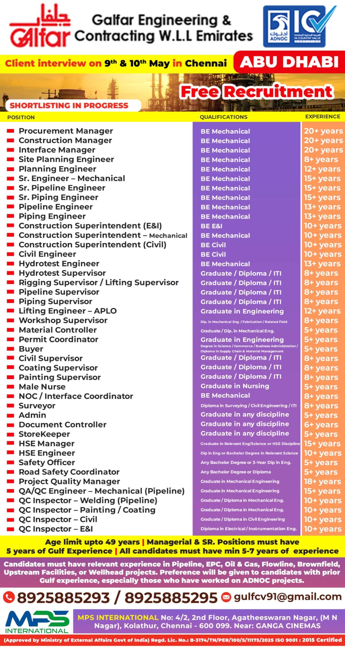 GALFAR Engineering & Contracting W.L.L Emirates ABU DHABI Client interview on 9th & 10th May in Chennai Free Recruitment
