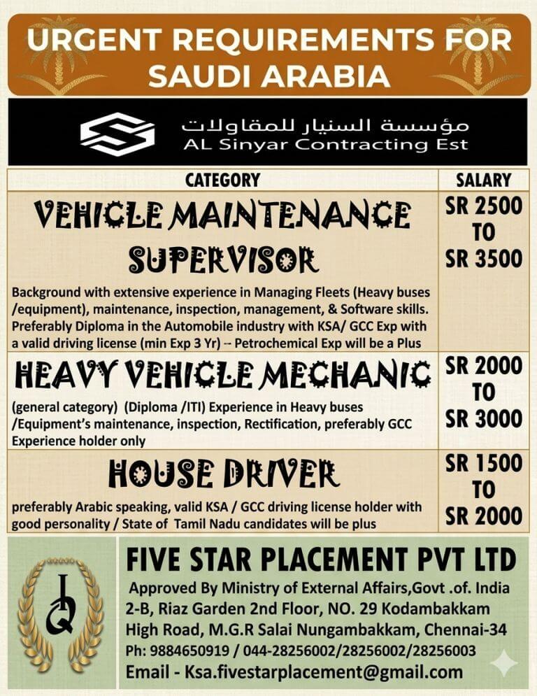 URGENT REQUIREMENT FOR SAUDI ARABIA
