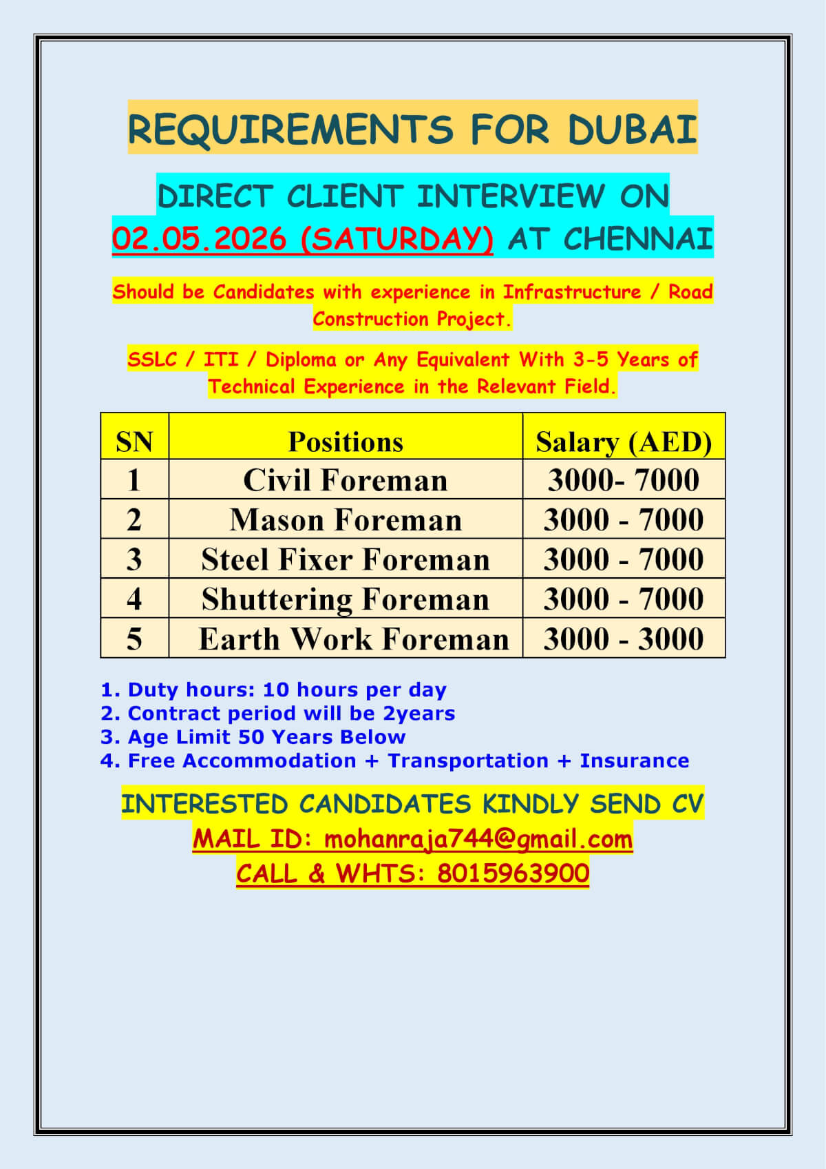 REQUIREMENTS FOR DUBAI  DIRECT CLIENT INTERVIEW ON 02.05.2026 (SATURDAY) AT CHENNAI