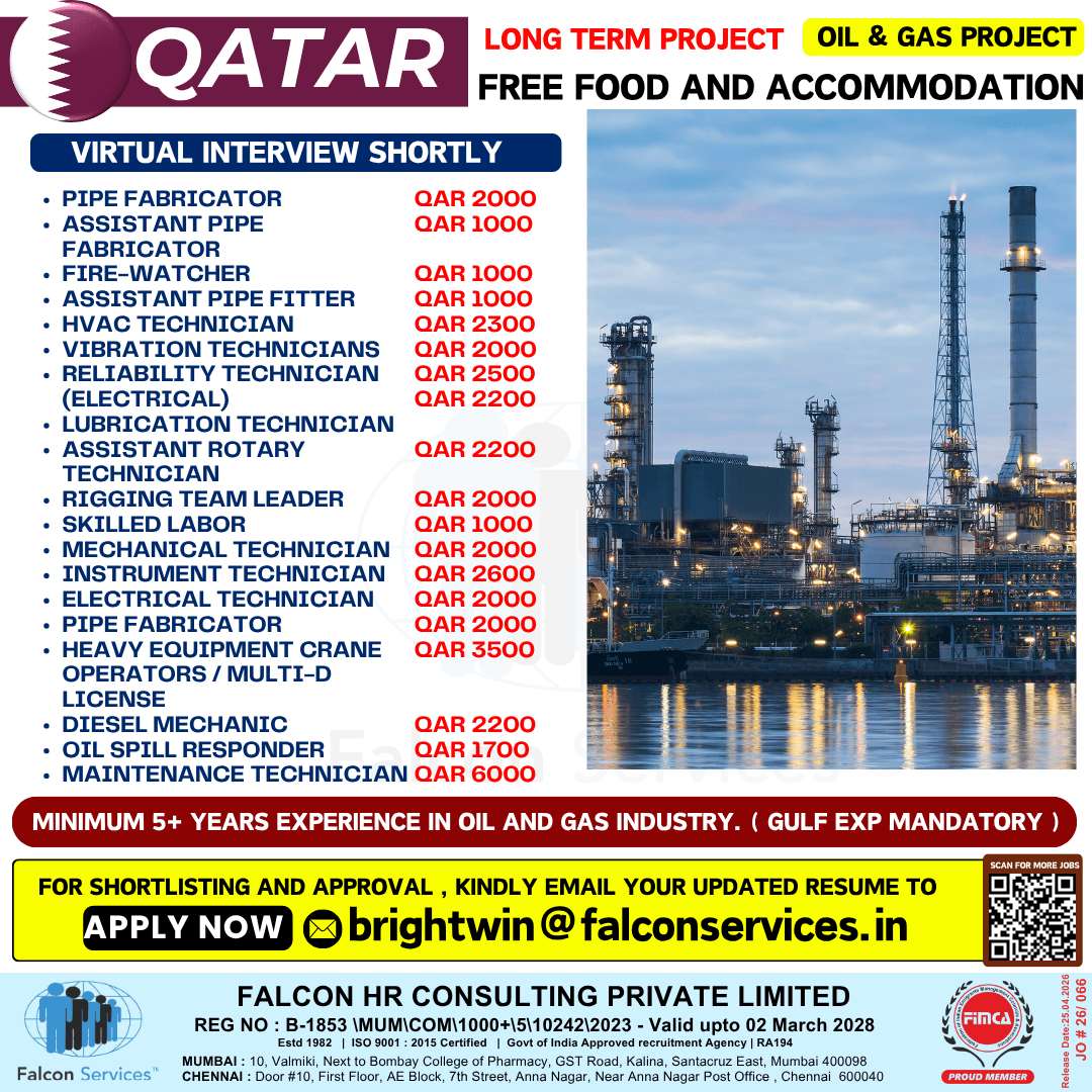 Qatar hiring for a long-term Oil & Gas project with free food and accommodation.  Multiple openings available across fabrication, mechanical, electrical, instrumentation, HVAC, and maintenance roles.