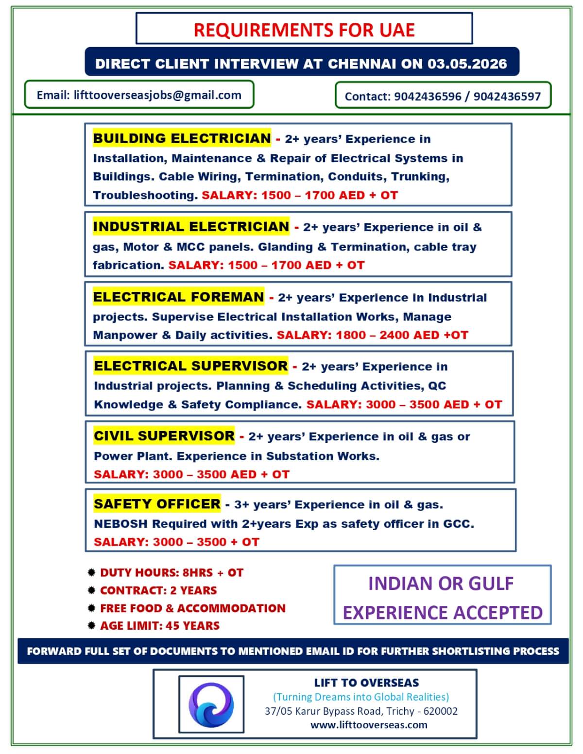 Building Electrician, Industrial Electrician, Electrical Foreman, Electrical Supervisor, Civil Supervisor, Safety Officer.
