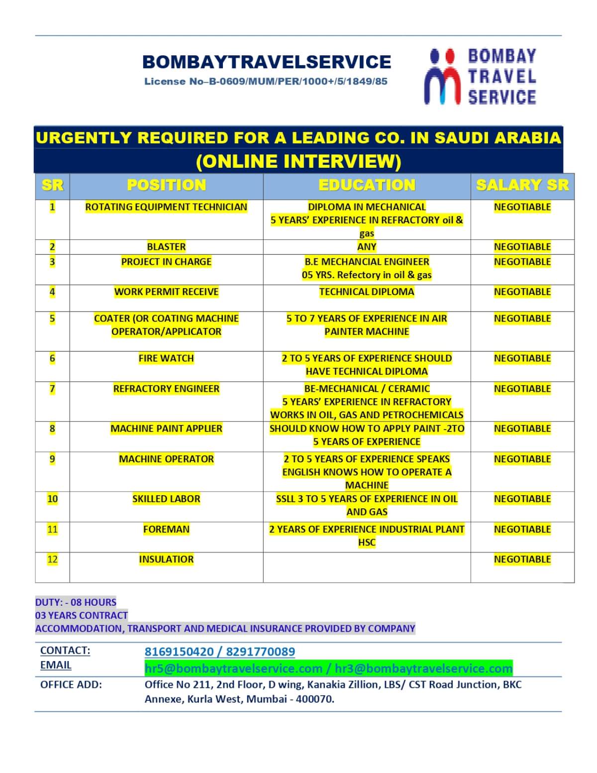 URGENTLY HIRING FOR SAUDI ARABIA