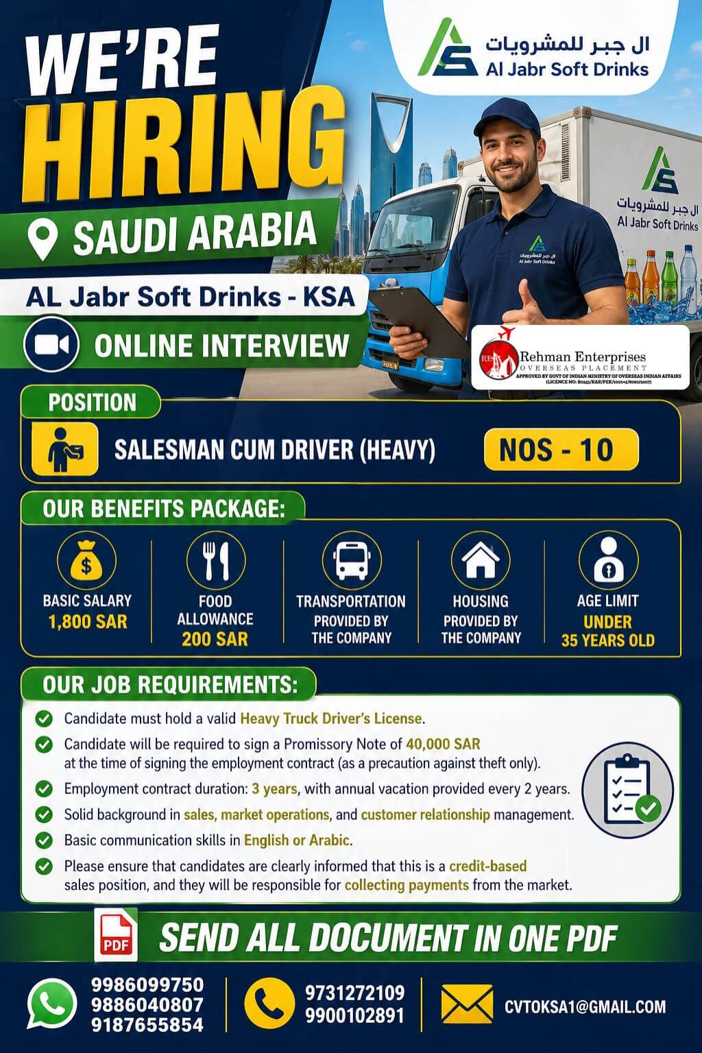 HIRING FOR AL JABR SOFT DRINKS IN SAUDI ARABIA