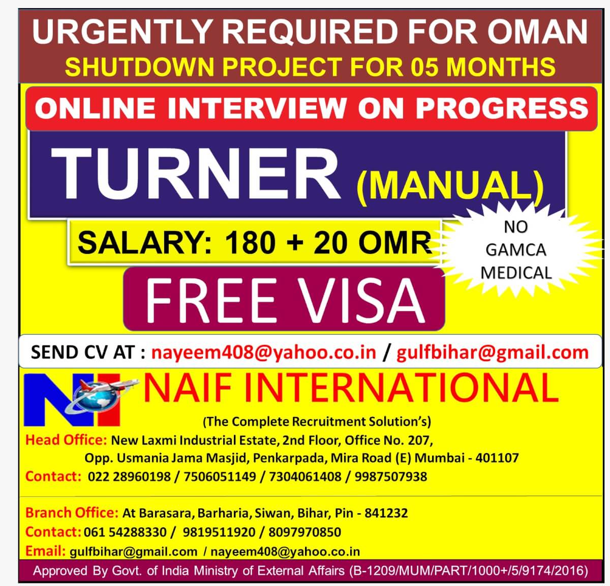 URGENTLY REQUIRED FOR OMAN SHUTDOWN PROJECT FOR 05 MONTHS