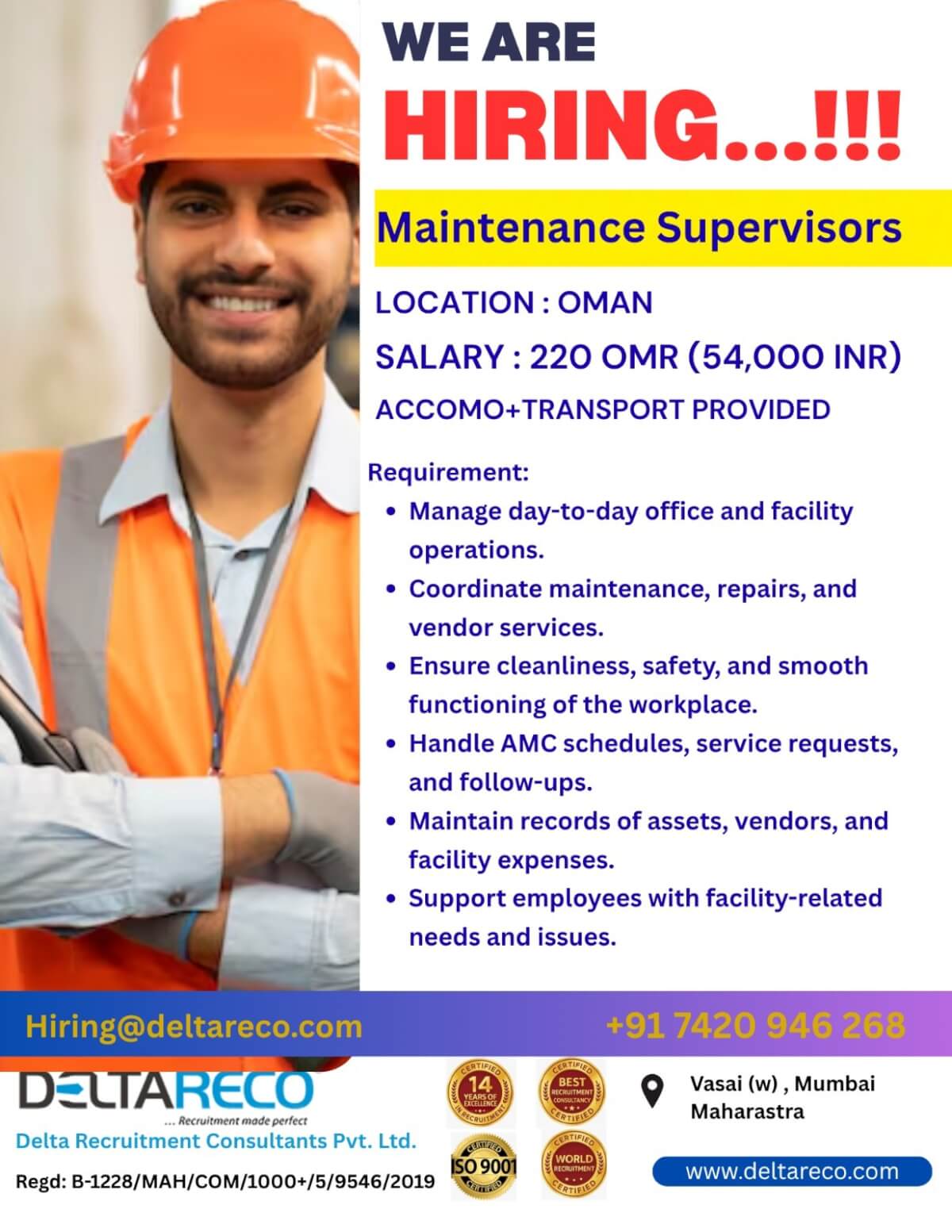 Hiring  Maintenance Supervisor for  Oman country