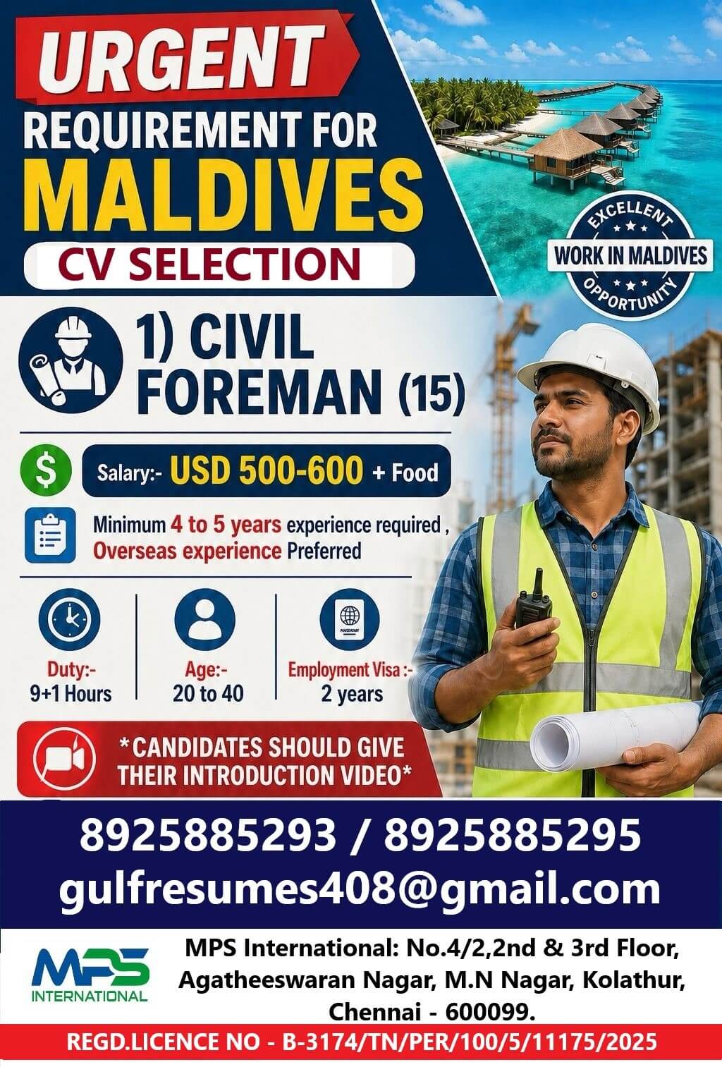 URGENT REQUIREMENT FOR MALDIVES  CV SELECTION