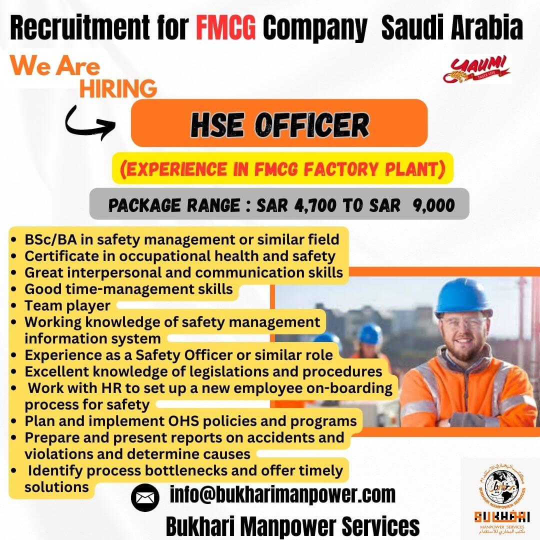 Recruitment for FMCG Company Saudi Arabia - HSE OFFICER