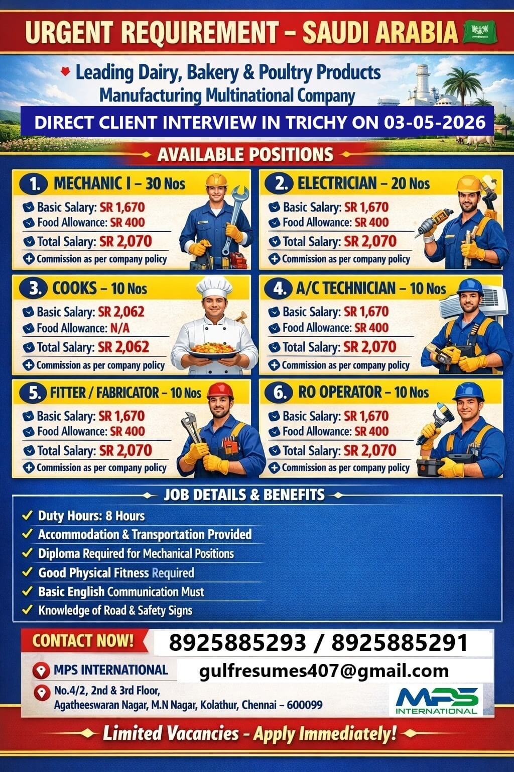 URGENT REQUIREMENT – SAUDI ARABIA Leading Dairy, Bakery & Poultry Products Manufacturing Multinational Company DIRECT CLIENT INTERVIEW IN TRICHY ON 03-05-2026