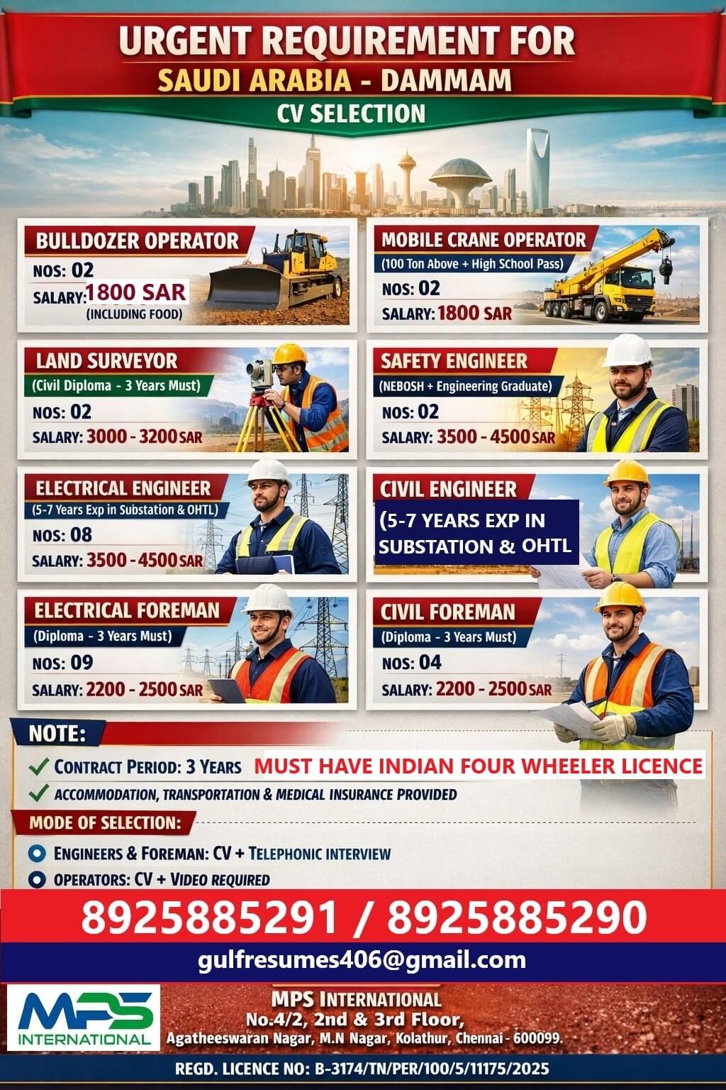 URGENT REQUIREMENT FOR SAUDI ARABIA - DAMMAM CV SELECTION