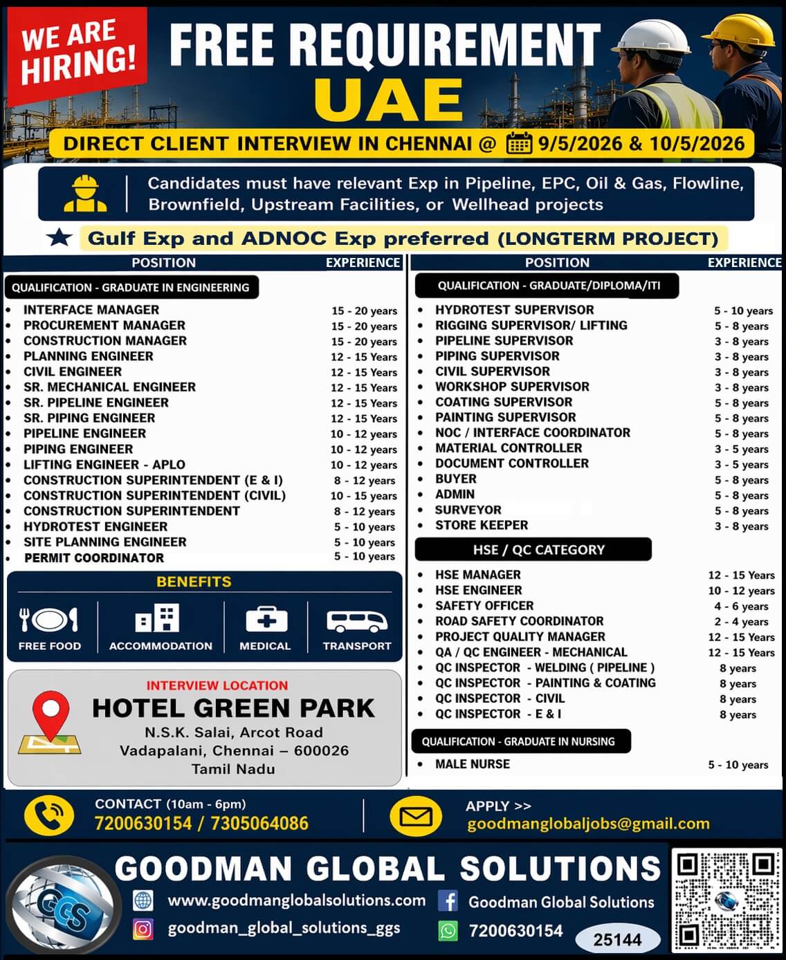 FREE REQUIREMENT -UAE - LONG TERM  DIRECT CLIENT  INTERVIEW IN CHENNAI @ 09-05-2026 & 10-05-2026