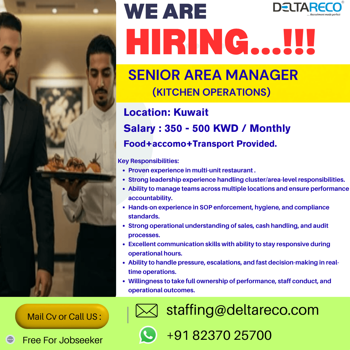Hiring  Restaurant Operations Manager -kuwait -500 KWD