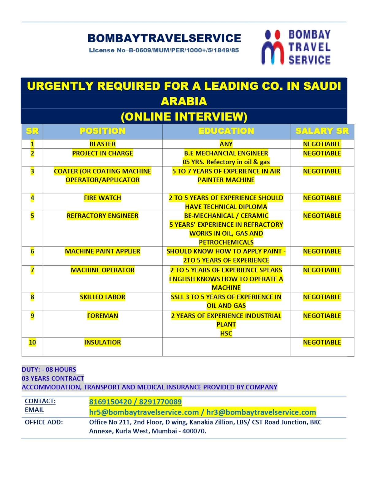URGENTLY HIRING FOR SAUDI ARABIA