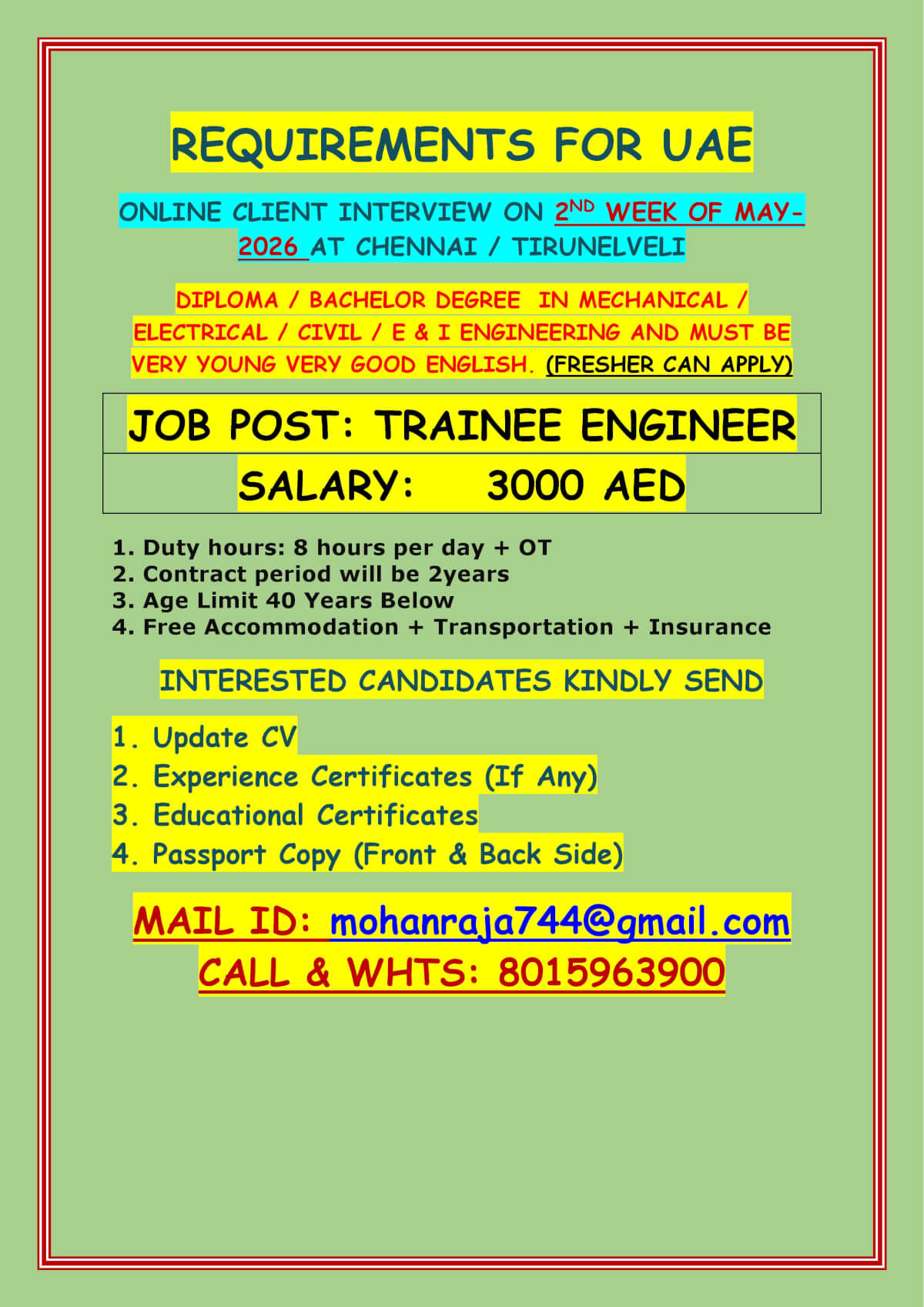 REQUIREMENTS FOR UAE  - ONLINE CLIENT INTERVIEW ON 2ND WEEK OF MAY-2026 AT CHENNAI / TIRUNELVELI