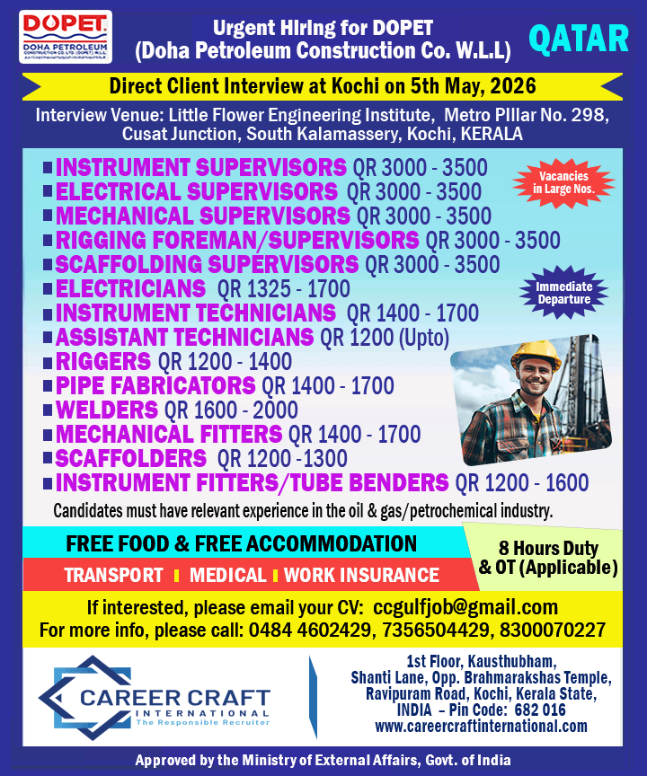 Client Interview at Kochi on 5th May, 2026 for Dopet, Qatar