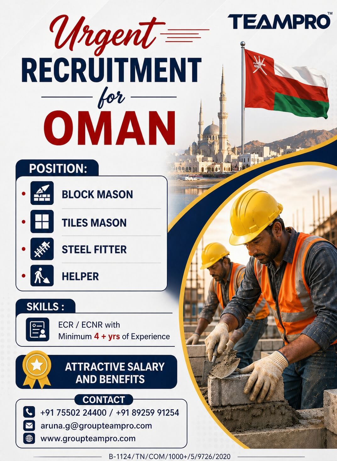 ? Urgent Hiring – Oman (Free Recruitment) ??  We are hiring: ? Block Mason | Tiles Mason | Steel Fitter | Helper