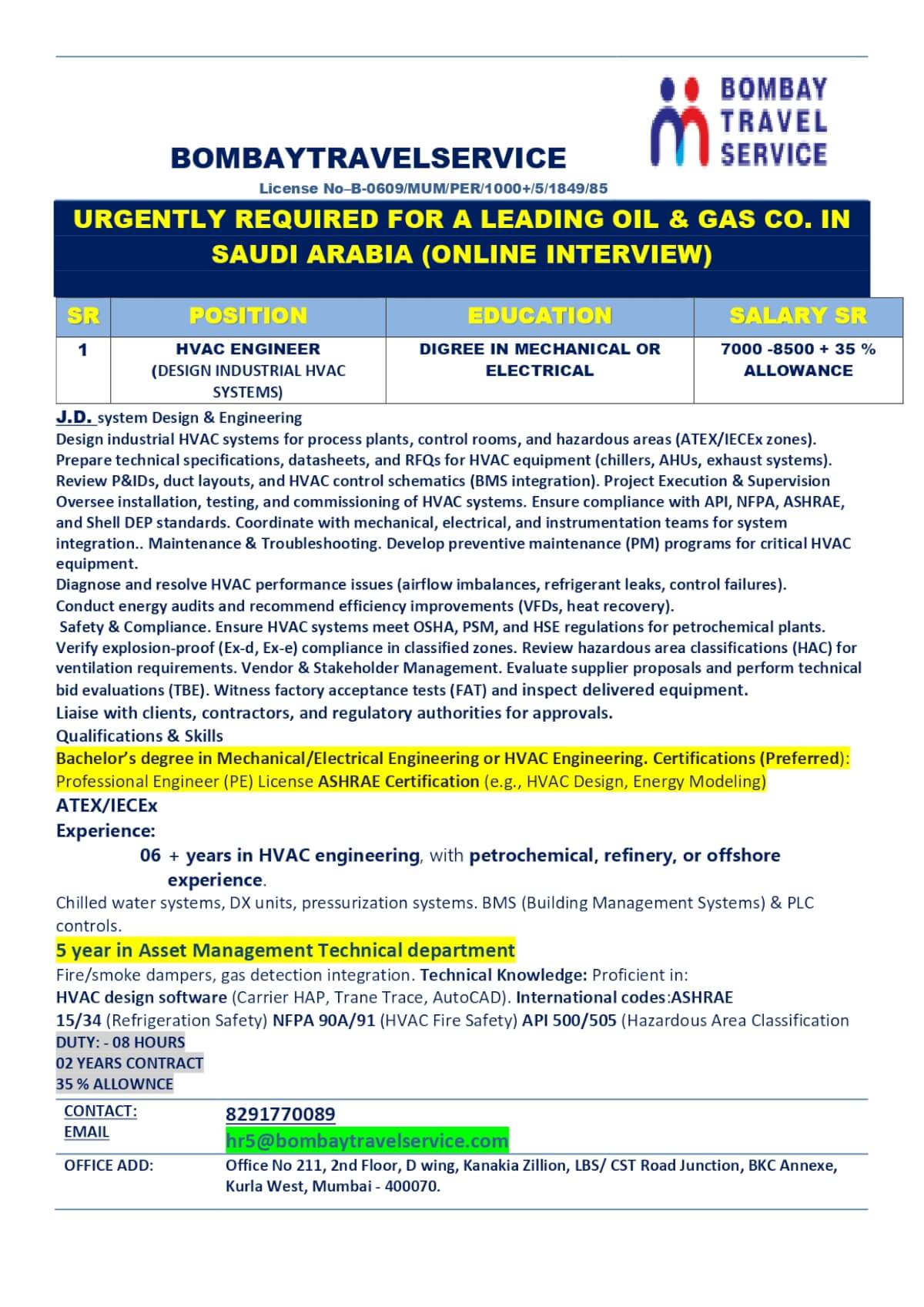 URGENTLY HIRING HVAC DESIGN ENGINEER FOR SAUDI ARABIA