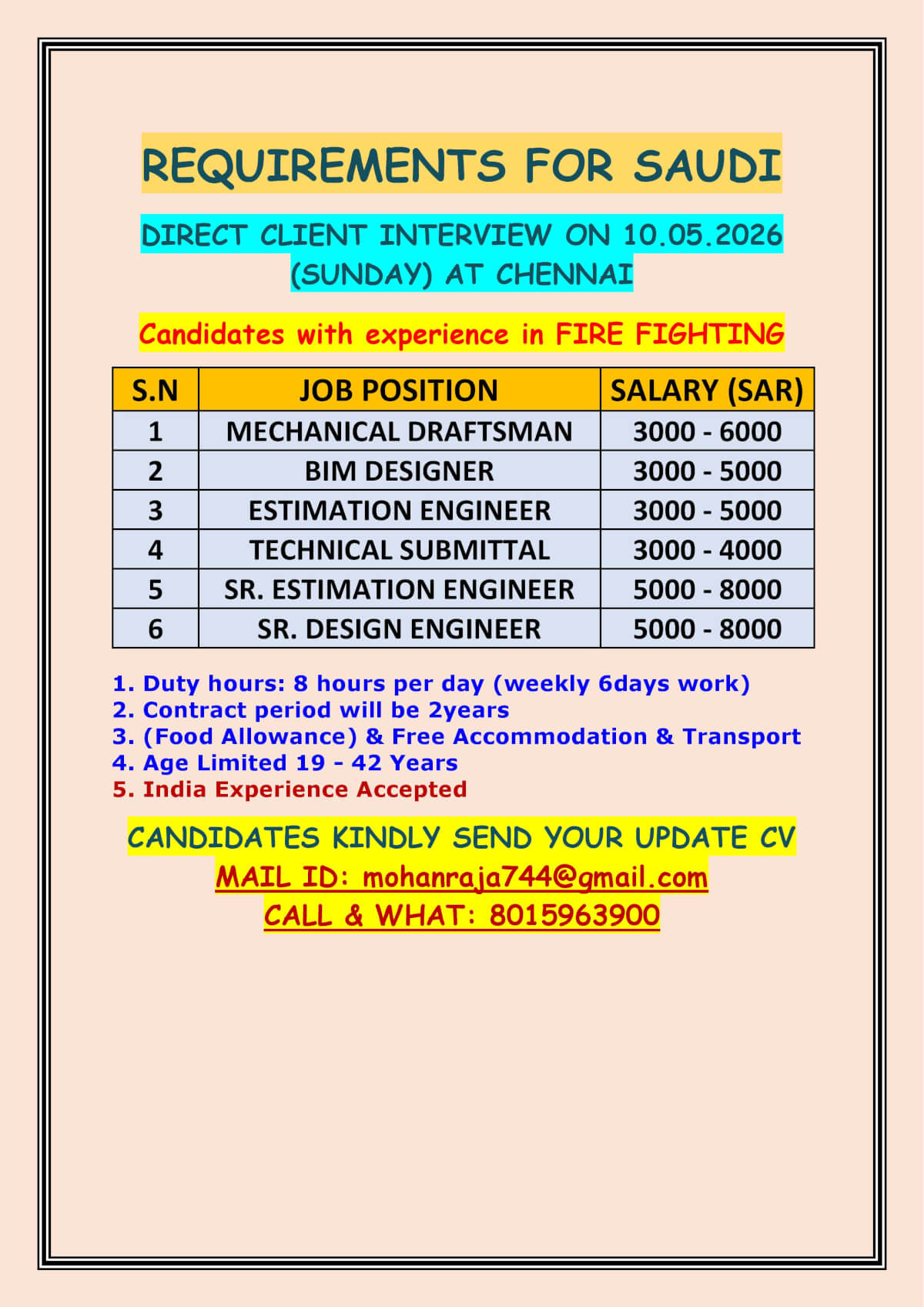 REQUIREMENTS FOR SAUDI - DIRECT CLIENT INTERVIEW ON 10.05.2026 (SUNDAY) AT CHENNAI