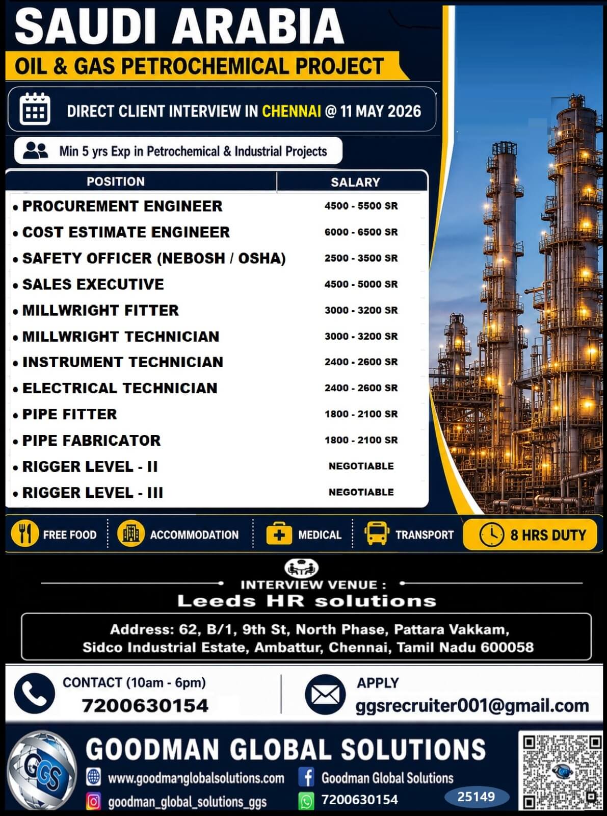 HIRING FOR SAUDI ARABIA   OIL & GAS  PETROCHEMICAL PROJECT   DIRECT CLIENT  INTERVIEW IN CHENNAI @ 11-05-2026