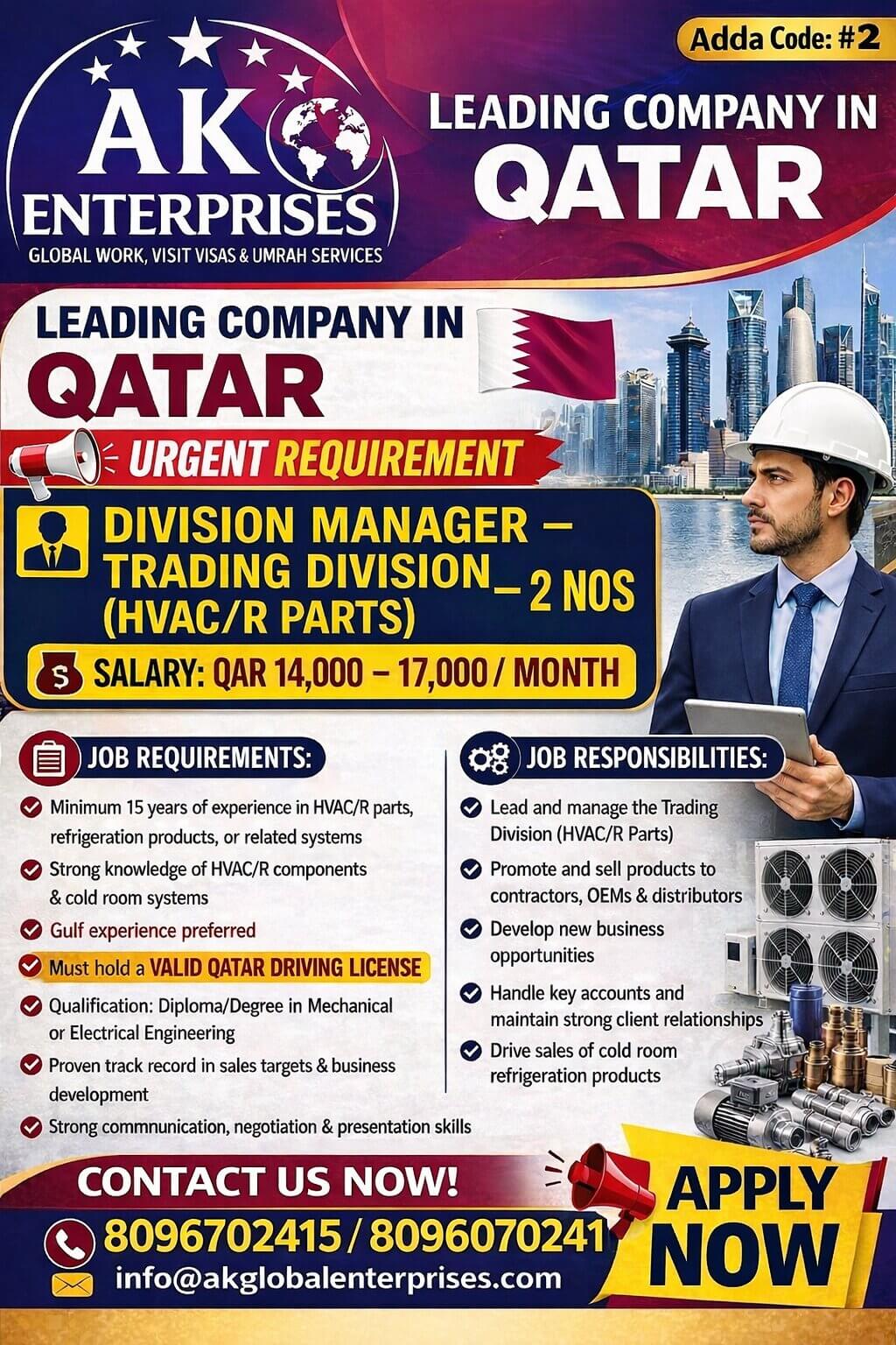 URGENT REQUIREMENT  Position: Division Manager –Trading Division (HVAC/R Parts)