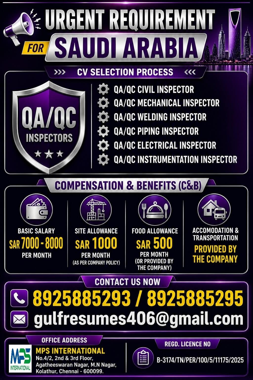 URGENT REQUIREMENT FOR SAUDI ARABIA   CV SELECTION