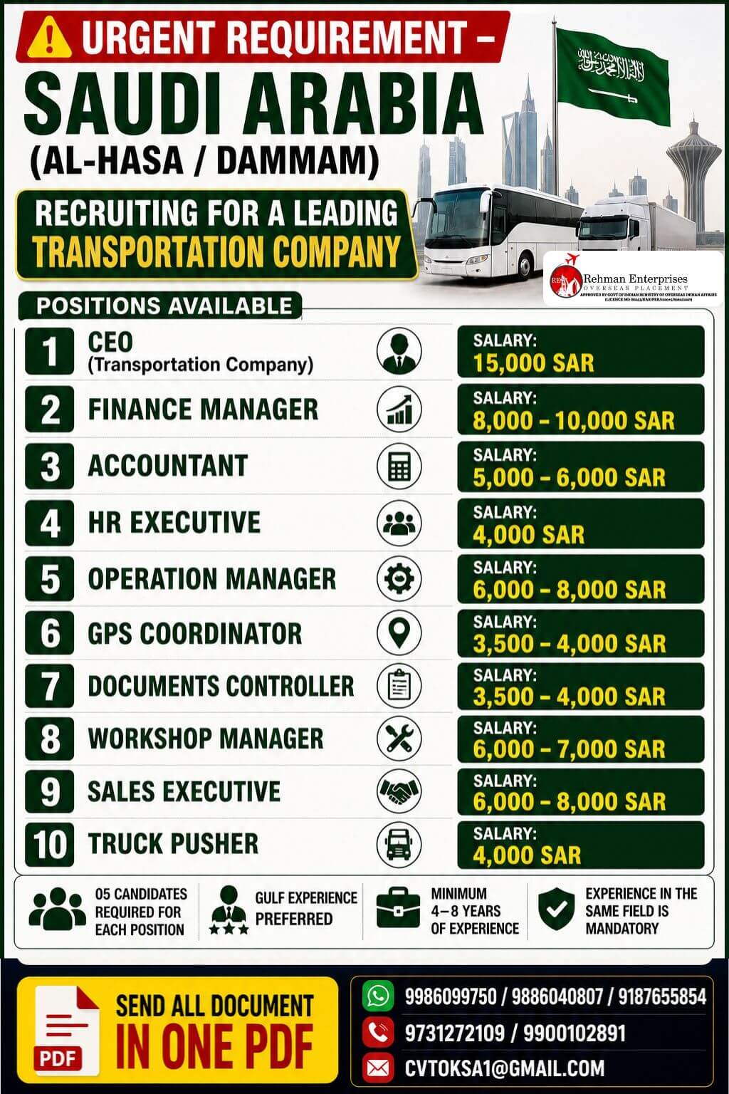 URGENT REQUIREMENT FOR TRANSPORATATION COMPANY IN SAUDI ARABIA