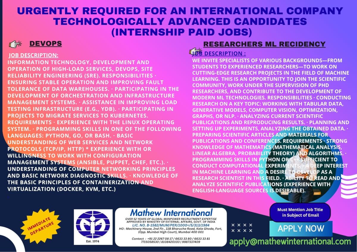 8 - URGENTLY REQUIRED FOR AN INTERNATIONAL COMPANY - TECHNOLOGICALLY ADVANCED CANDIDATES (internship paid jobs)
