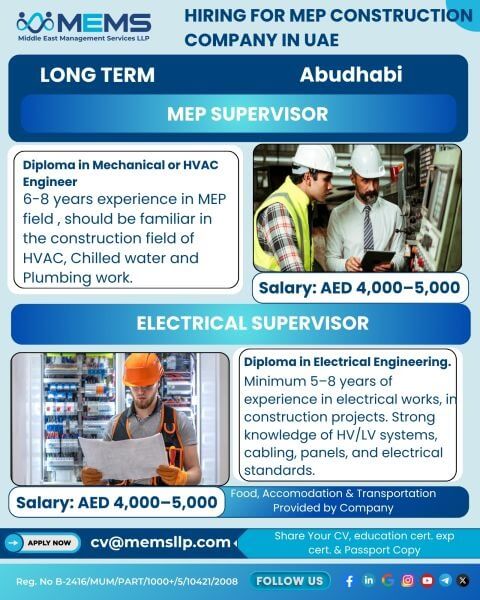 Hiring for MEP Construction Company in UAE (Abu Dhabi)