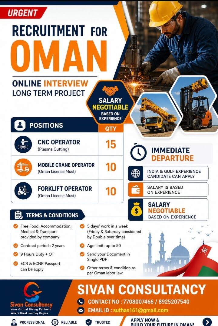 CNC Operator (Plasma Cutting) Mobile Crane Operator (Oman License Must) Forklift Operator (Oman License Must)