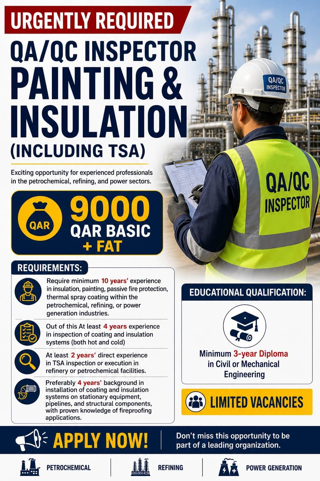 URGENTLY REQUIRED QA/QC INSPECTOR – PAINTING & INSULATION