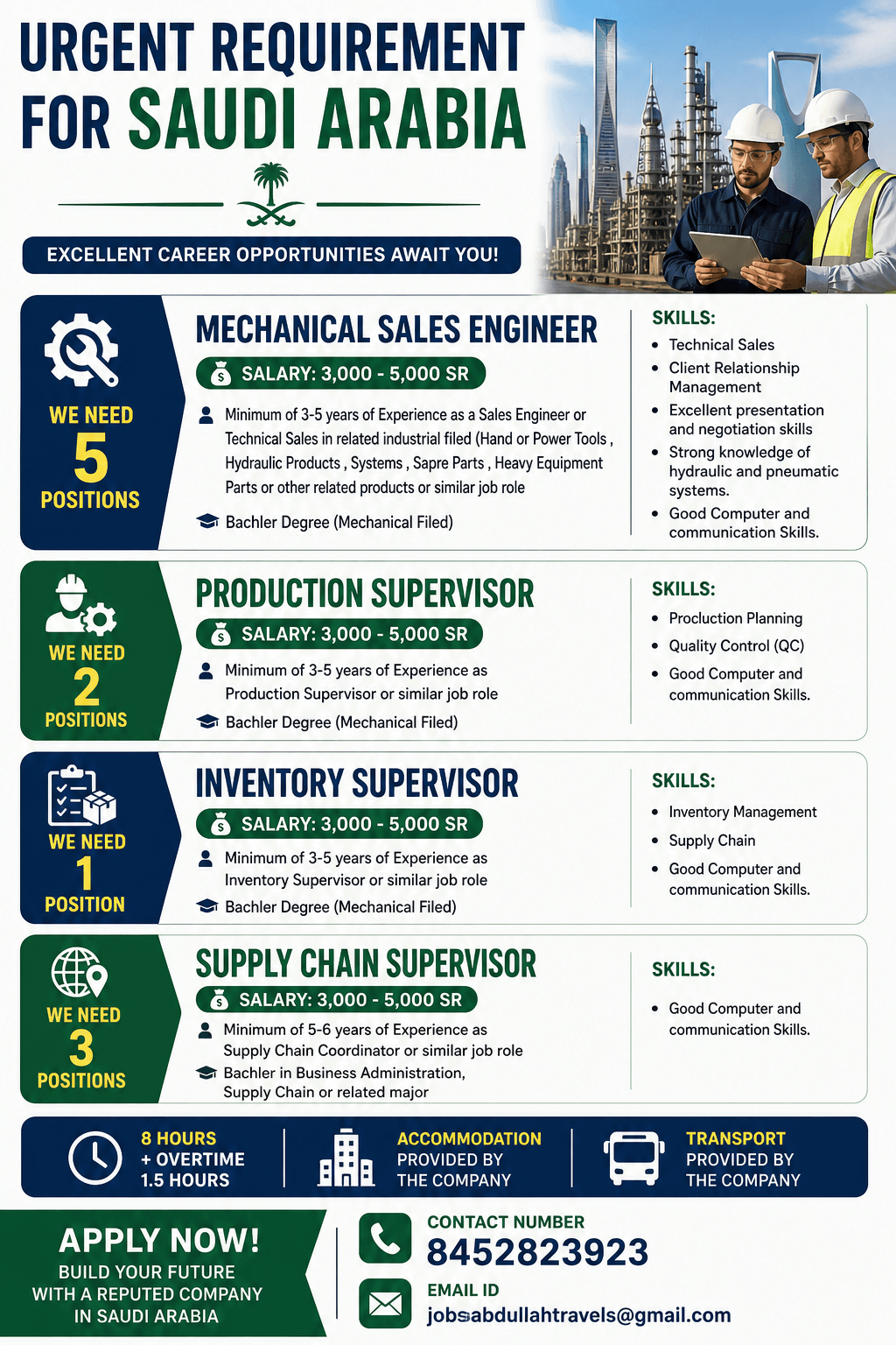 Urgent requirement for Saudi Arabia