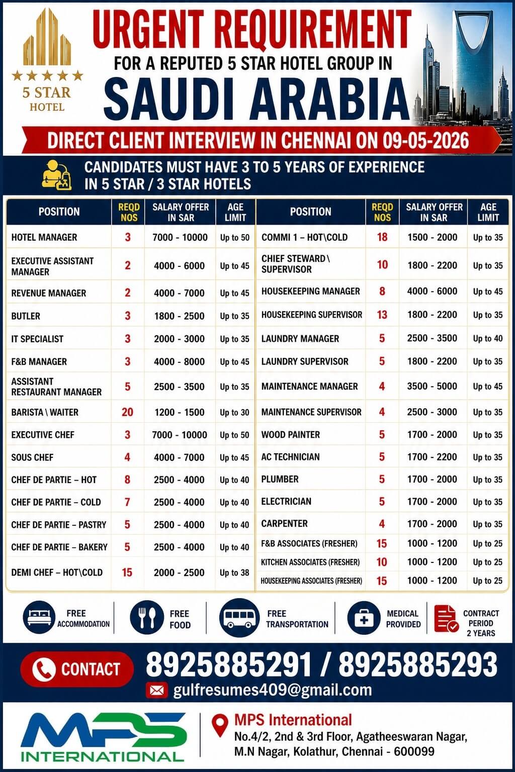 URGENT REQUIREMENT  FOR A REPUTED 5 STAR HOTEL GROUP IN  SAUDI ARABIA  DIRECT CLIENT INTERVIEW IN CHENNAI ON 09-05-2026