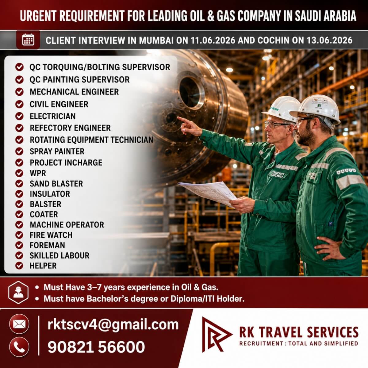 URGENT REQUIREMENT FOR LEADING OIL & GAS COMPANY IN SAUDI ARABIA