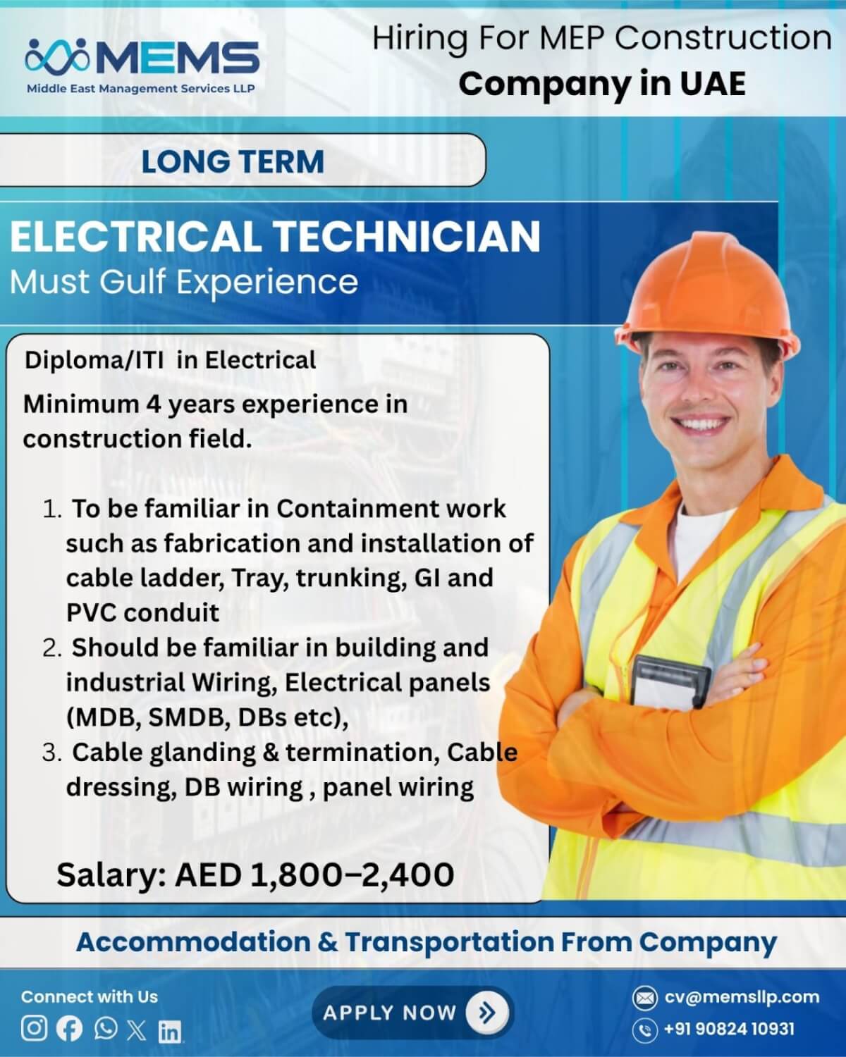 Now Hiring: Electrical Technicians for UAE (MEP Construction)