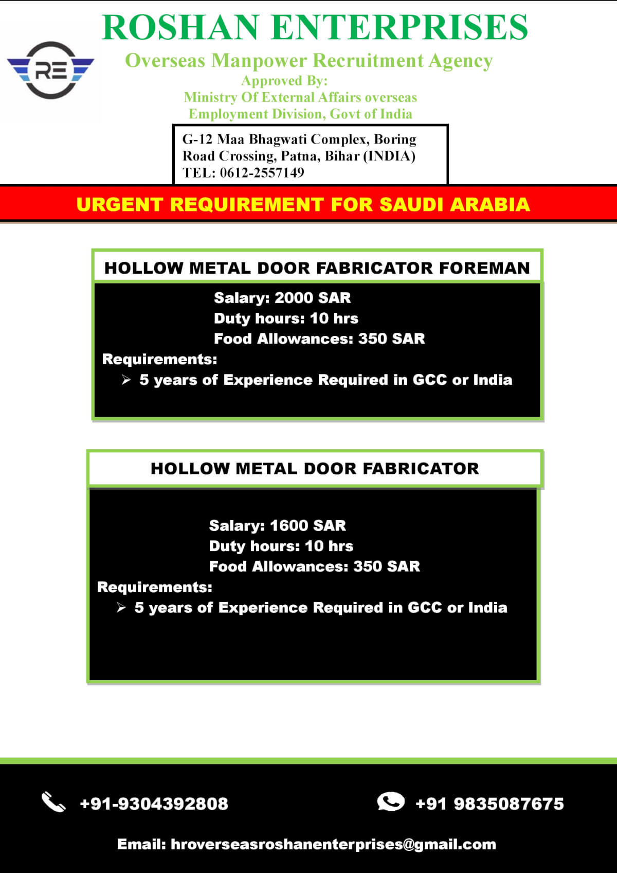Urgent Requirement for saudi arabia