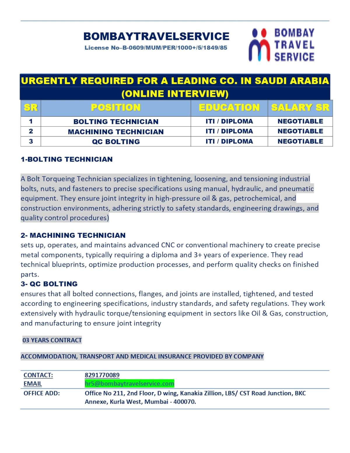 URGENTLY HIRING FOR SAUDI ARABIA