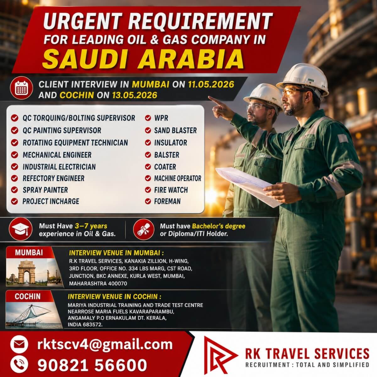 URGENT REQUIREMENT FOR LEADING OIL & GAS COMPANY IN SAUDI ARABIA