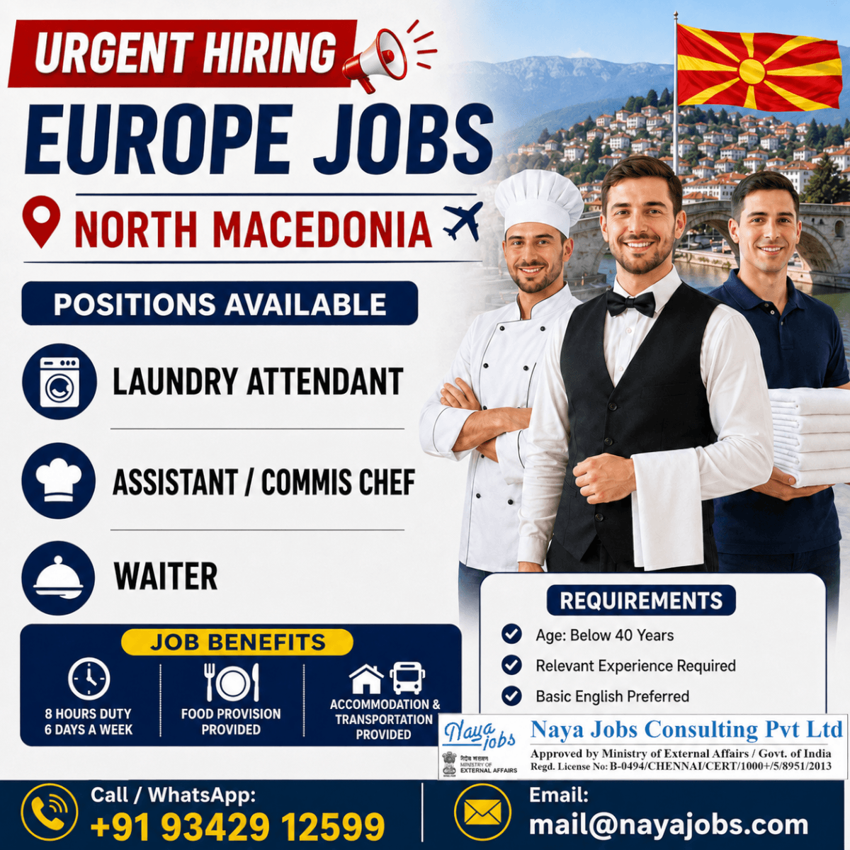 EUROPE JOBS :  Laundry Attendant  /  Commis Chef  / Waiter
