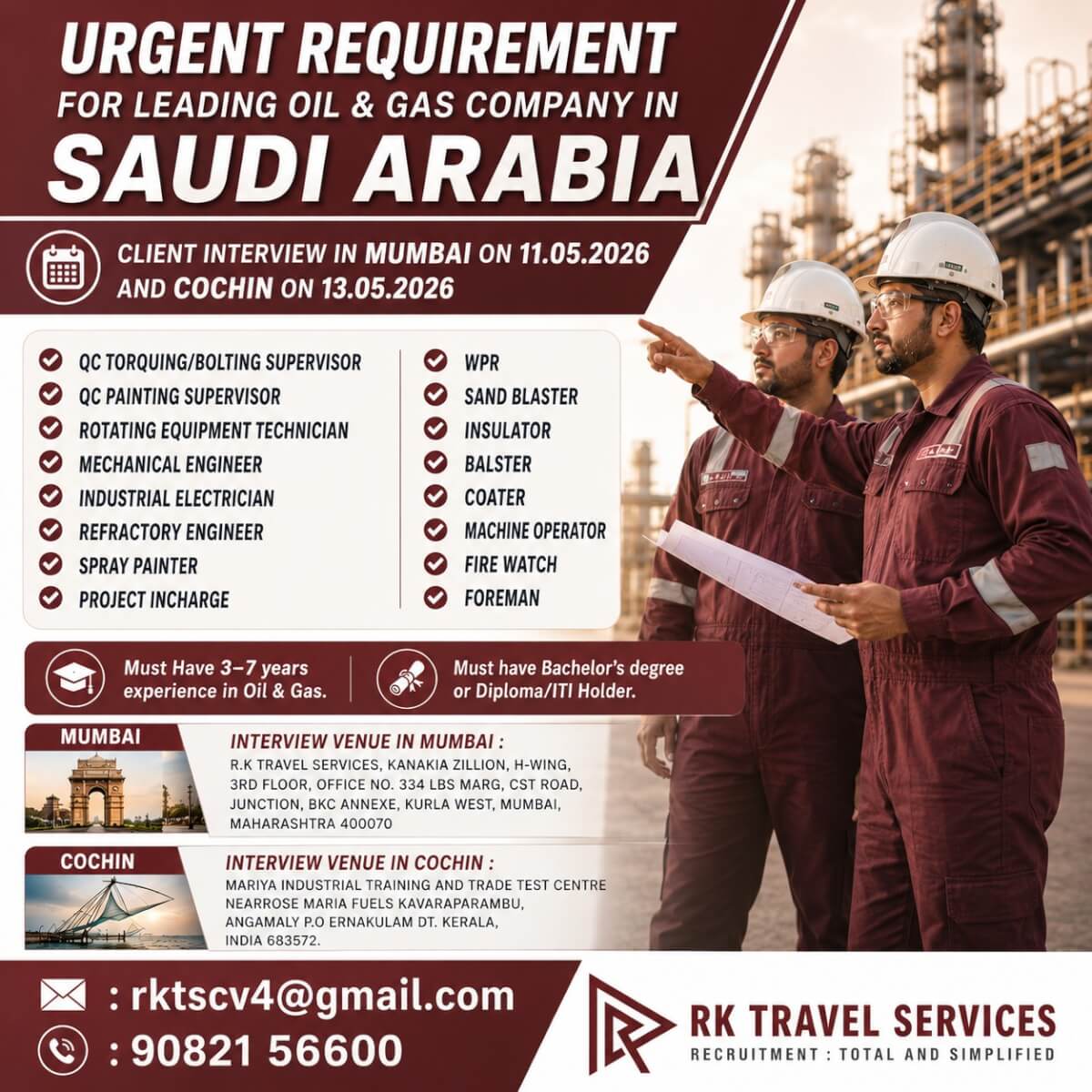 URGENT REQUIREMENT FOR LEADING OIL & GAS COMPANY IN SAUDI ARABIA