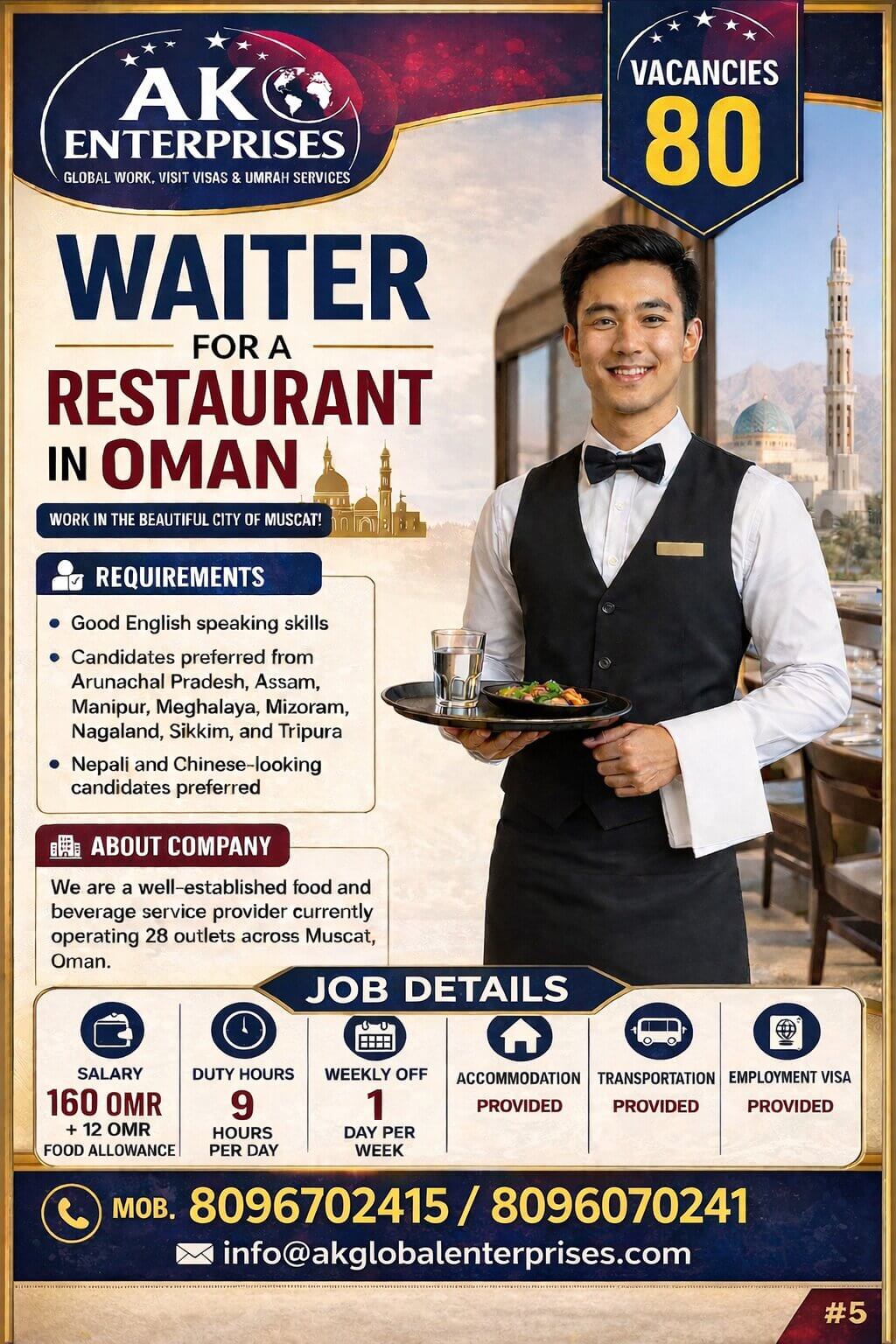 Urgently Hiring for Oman Waiter